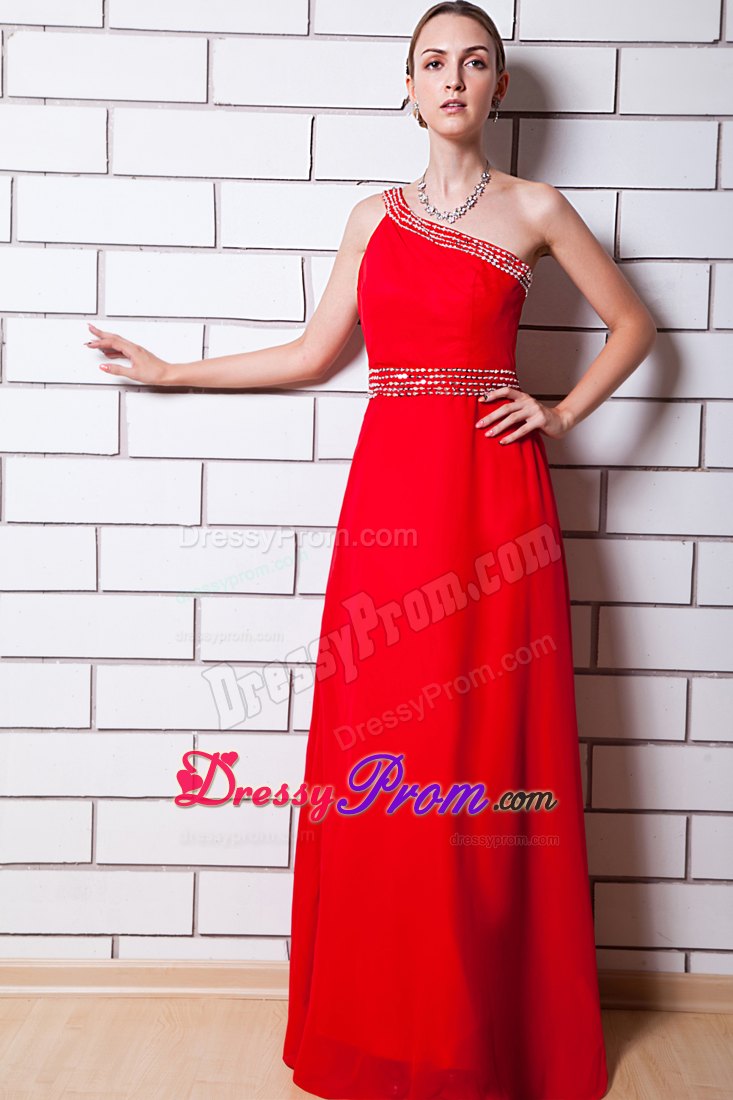 Beaded One Shoulder and Waist Red Chiffon Long Prom Evening Dress