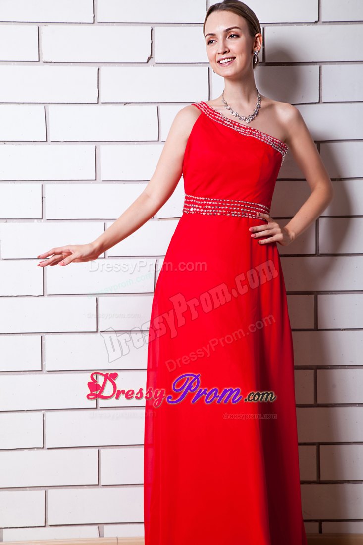 Beaded One Shoulder and Waist Red Chiffon Long Prom Evening Dress