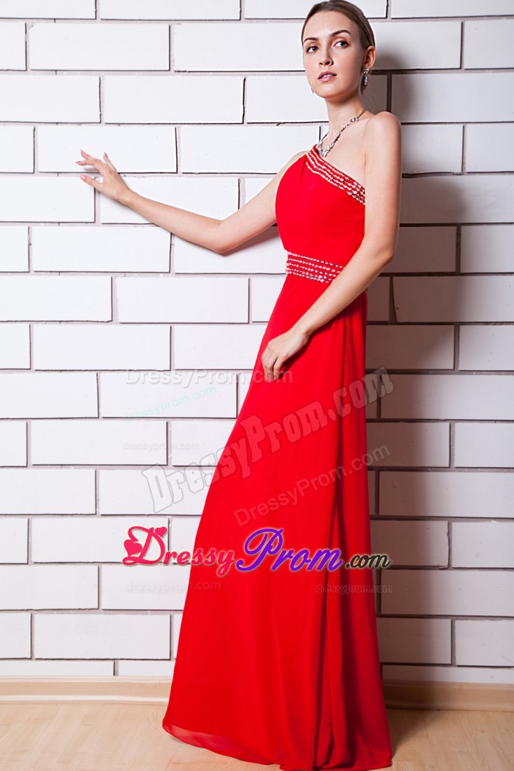 Beaded One Shoulder and Waist Red Chiffon Long Prom Evening Dress