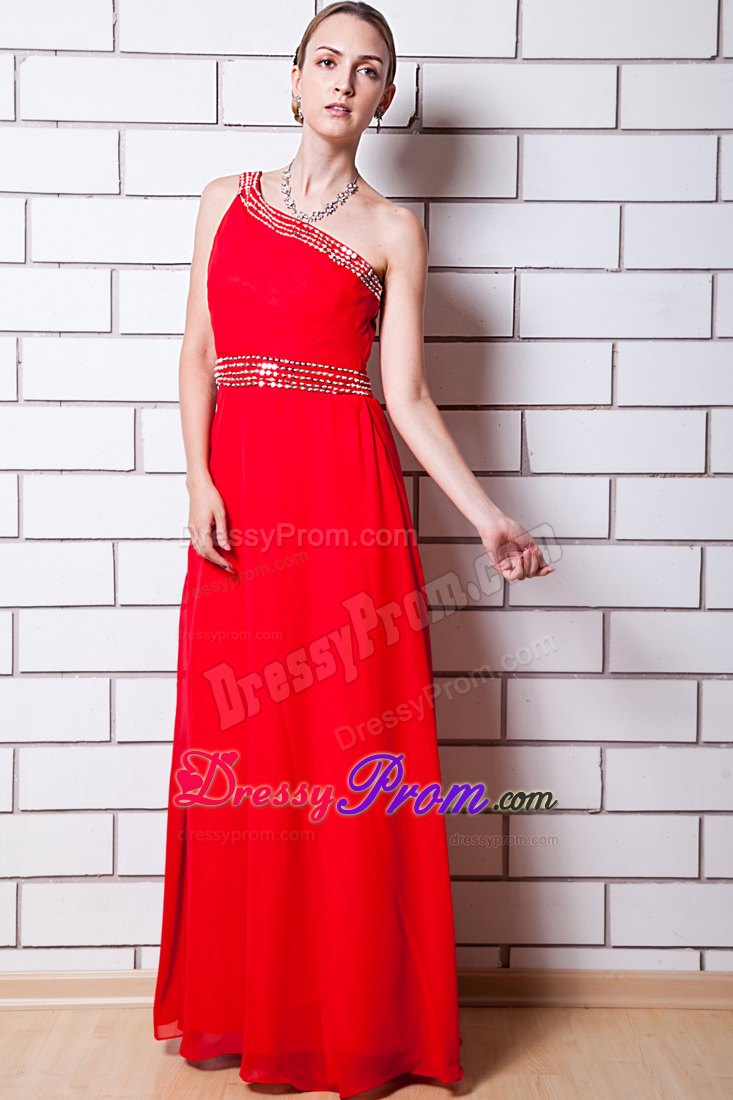 Beaded One Shoulder and Waist Red Chiffon Long Prom Evening Dress