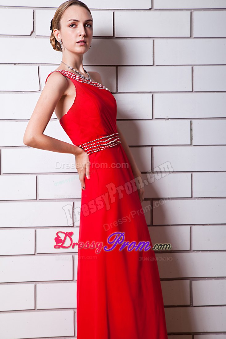 Beaded One Shoulder and Waist Red Chiffon Long Prom Evening Dress
