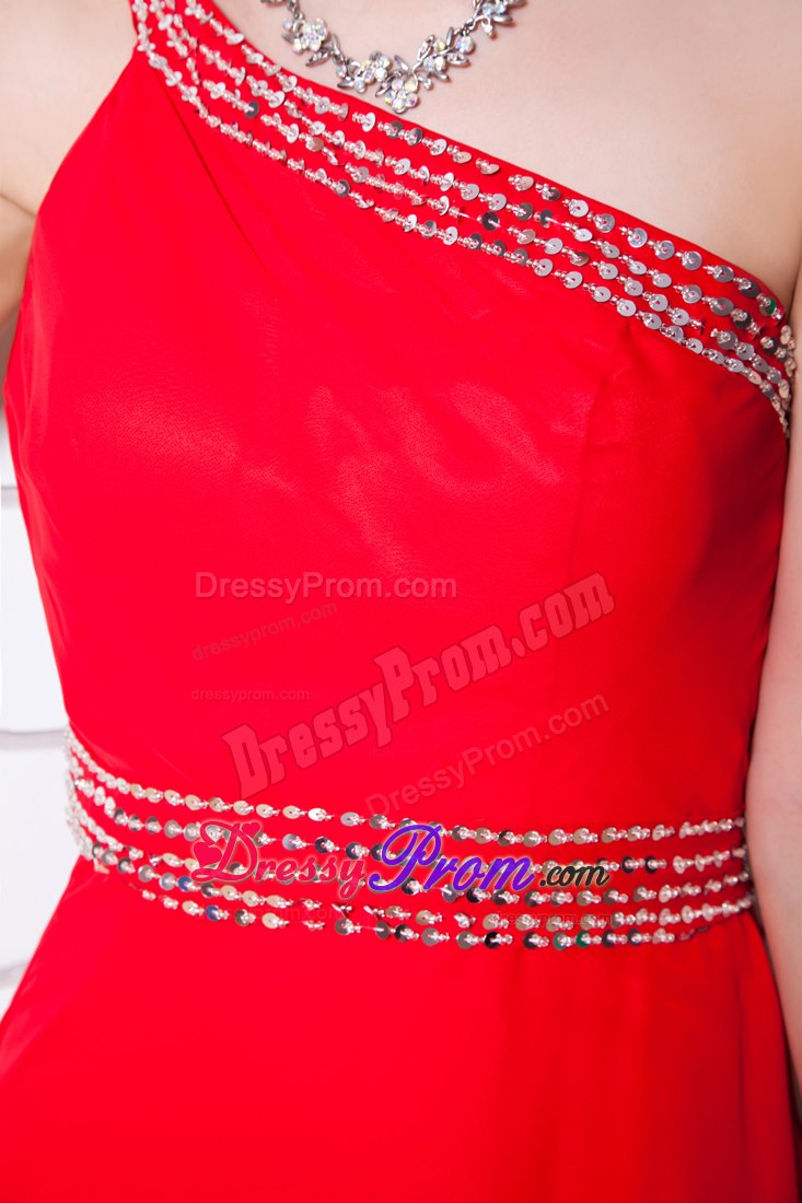 Beaded One Shoulder and Waist Red Chiffon Long Prom Evening Dress