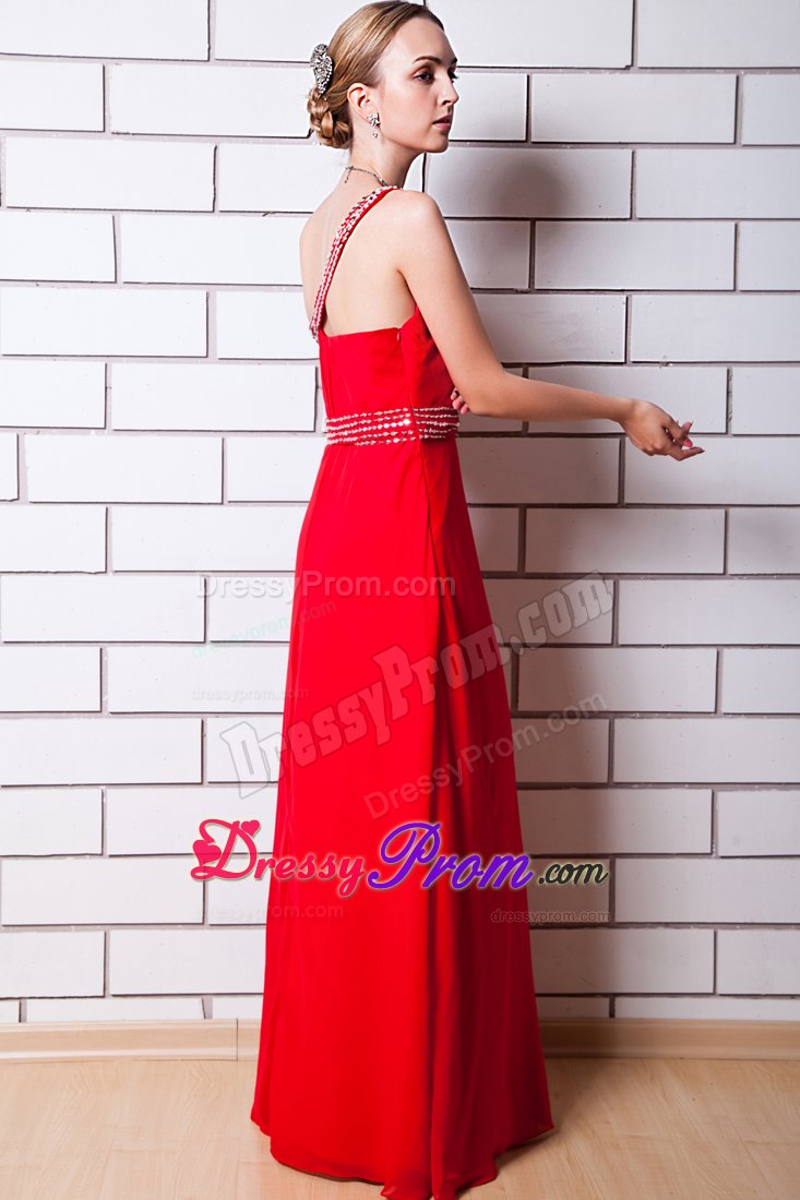 Beaded One Shoulder and Waist Red Chiffon Long Prom Evening Dress