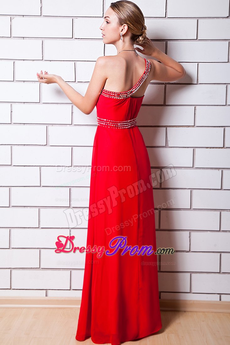 Beaded One Shoulder and Waist Red Chiffon Long Prom Evening Dress