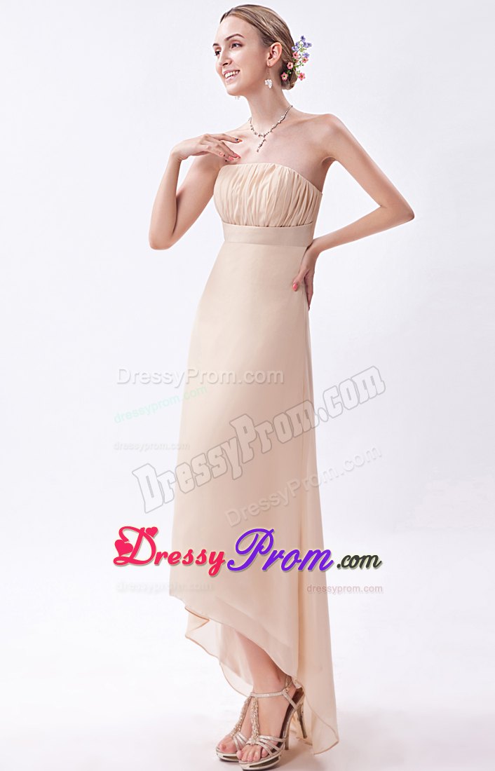 Simple Empire Strapless High-low Chiffon Ruch Prom Dress