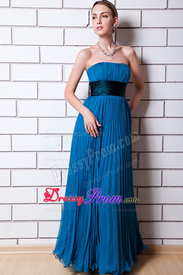 Empire Strapless Floor-length Pleated Chiffon Prom Dress with Waist Sash