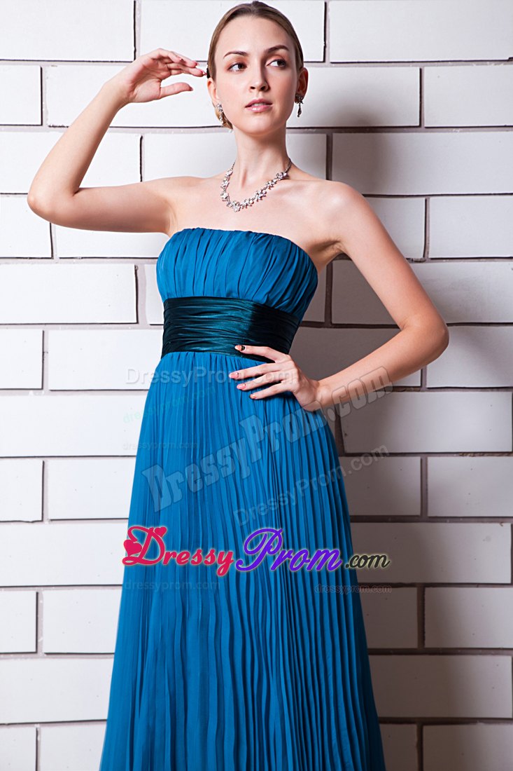 Empire Strapless Floor-length Pleated Chiffon Prom Dress with Waist Sash