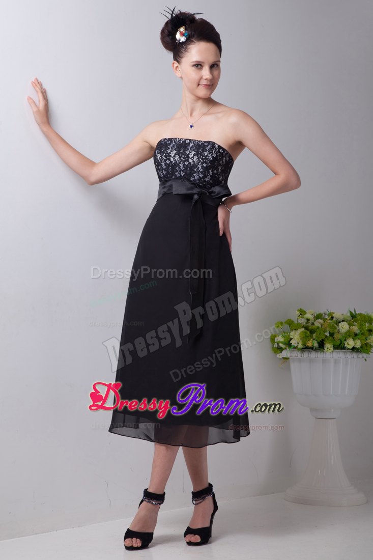 Alhambra CA Sash Accent Black Tea Length Chiffon Prom Evening Dress