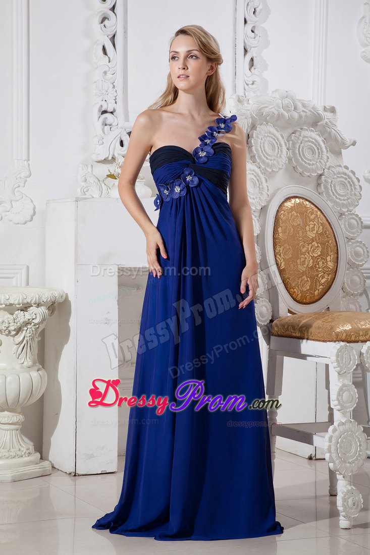 Royal Blue Column One Shoulder Chiffon Prom Dress with 3D Flowers