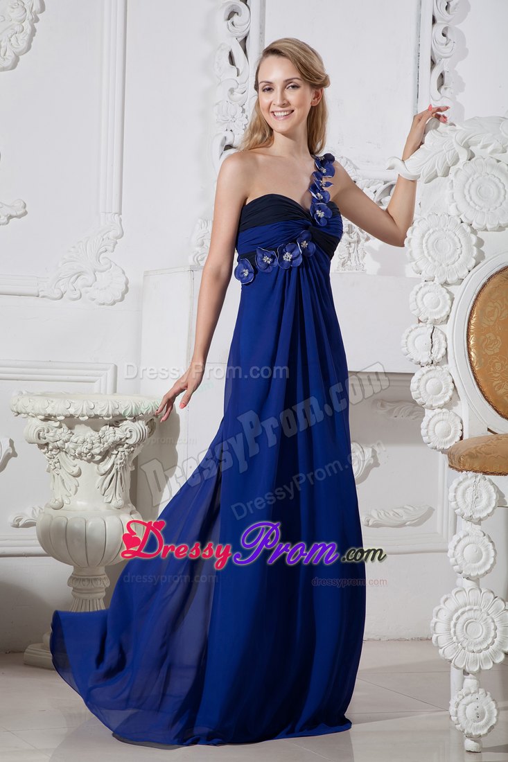 Royal Blue Column One Shoulder Chiffon Prom Dress with 3D Flowers