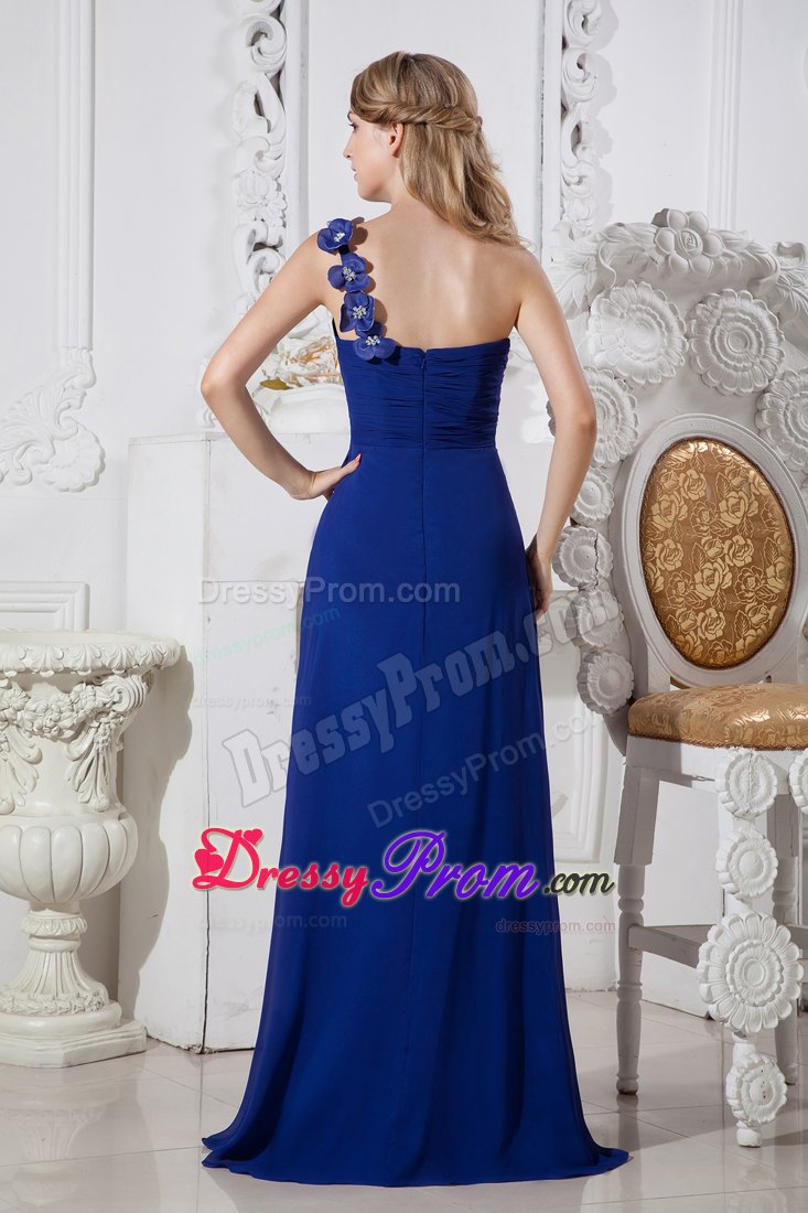 Royal Blue Column One Shoulder Chiffon Prom Dress with 3D Flowers