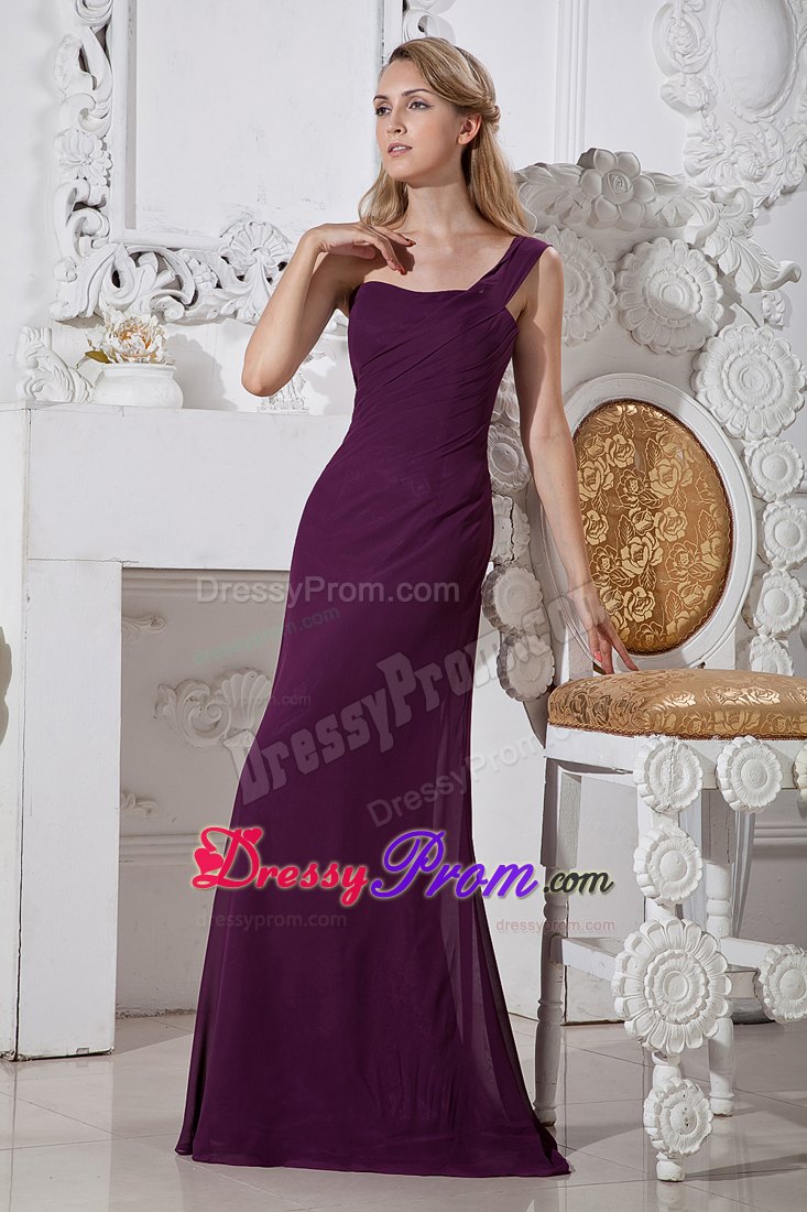 Grape Column One Shoulder Brush Train Chiffon Prom Gown
