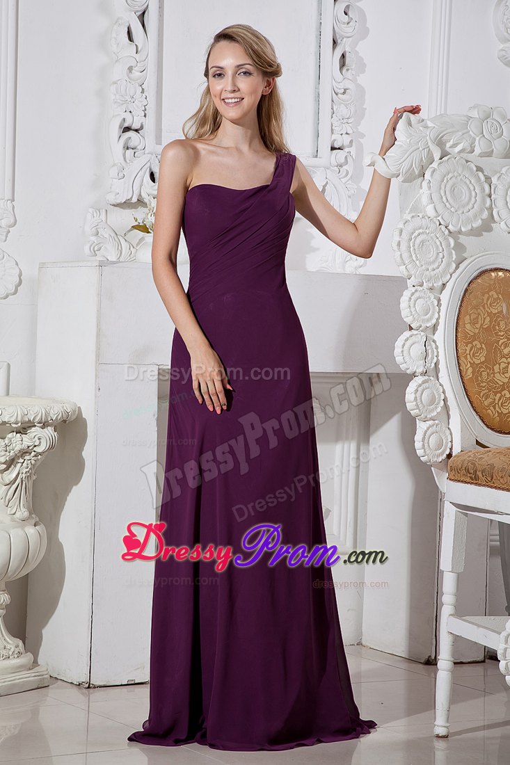 Grape Column One Shoulder Brush Train Chiffon Prom Gown