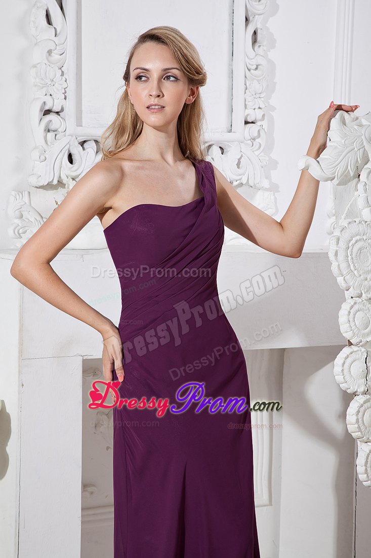 Grape Column One Shoulder Brush Train Chiffon Prom Gown