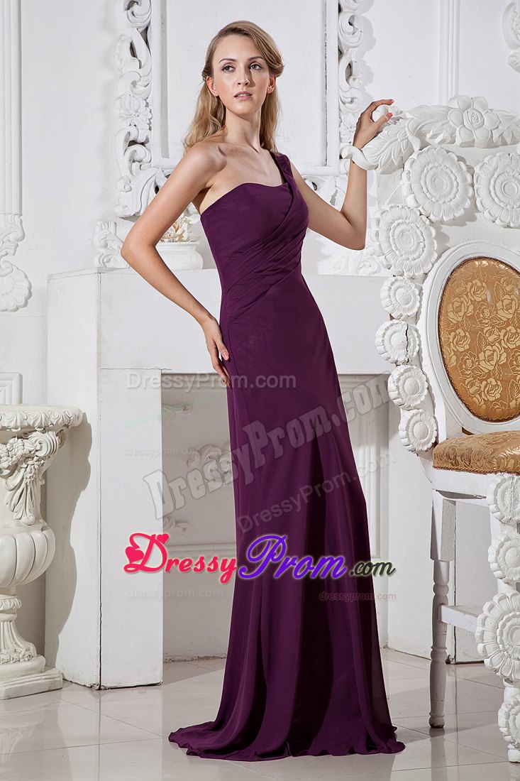Grape Column One Shoulder Brush Train Chiffon Prom Gown