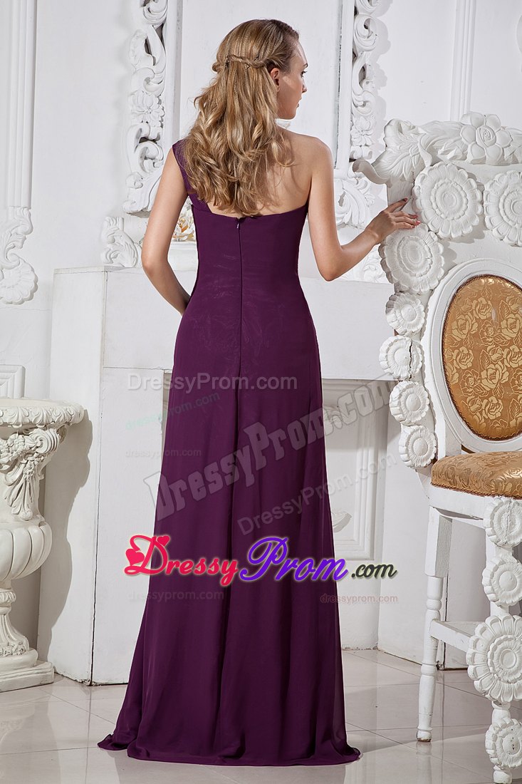 Grape Column One Shoulder Brush Train Chiffon Prom Gown