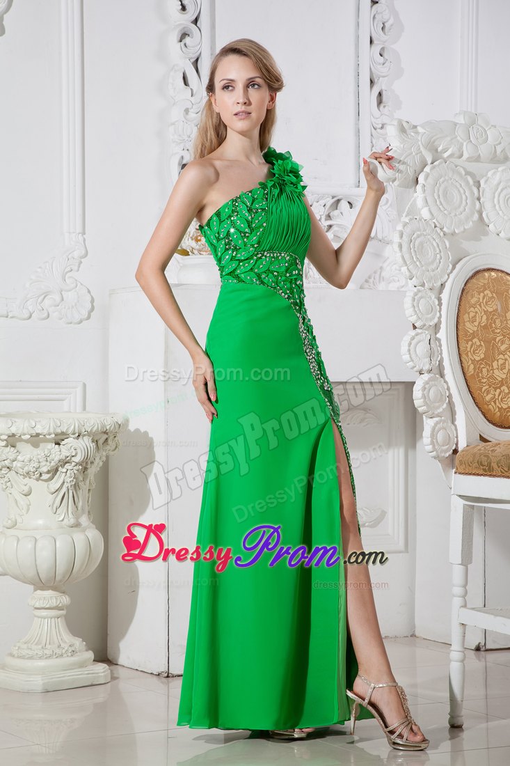 Green Flowery One Shoulder Prom Evening Dress with Beading and Ruches