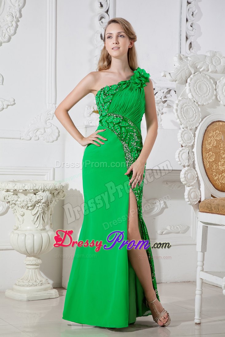Green Flowery One Shoulder Prom Evening Dress with Beading and Ruches