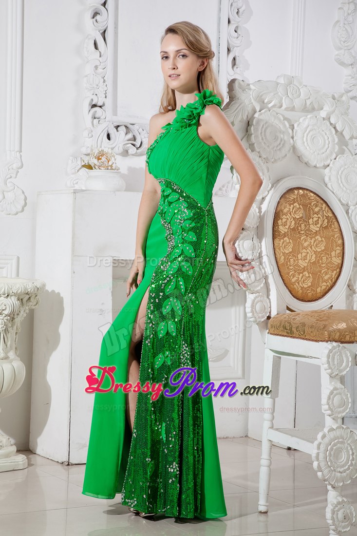 Green Flowery One Shoulder Prom Evening Dress with Beading and Ruches