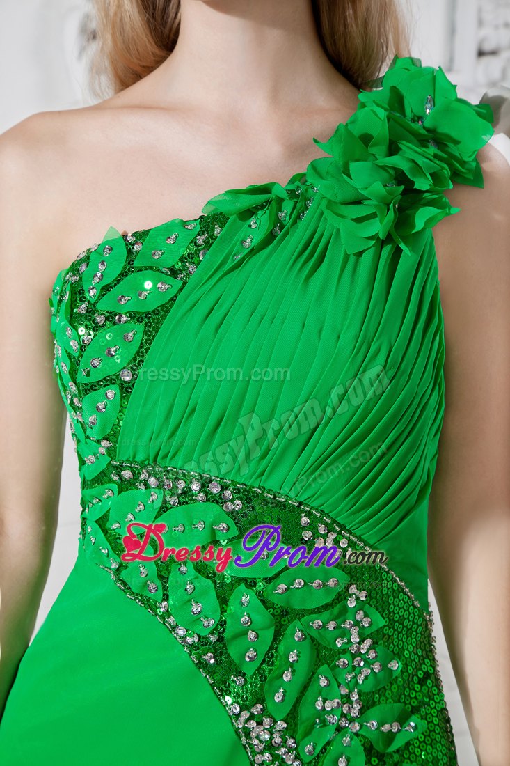 Green Flowery One Shoulder Prom Evening Dress with Beading and Ruches