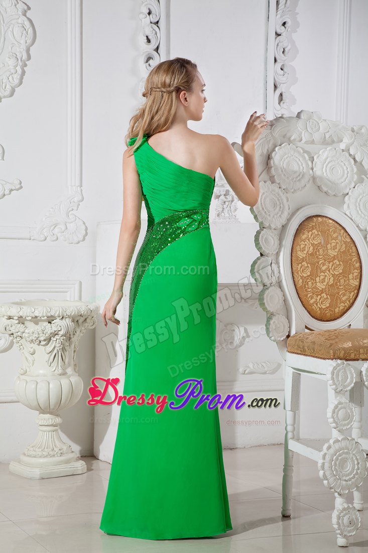 Green Flowery One Shoulder Prom Evening Dress with Beading and Ruches