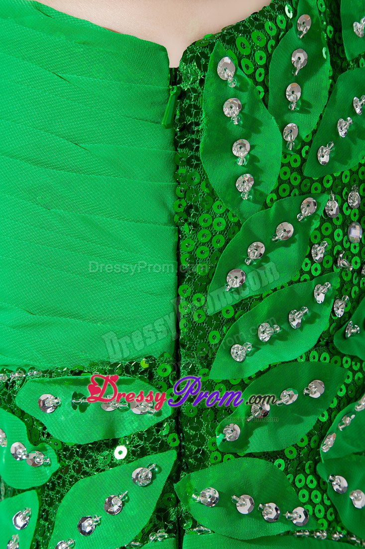 Green Flowery One Shoulder Prom Evening Dress with Beading and Ruches