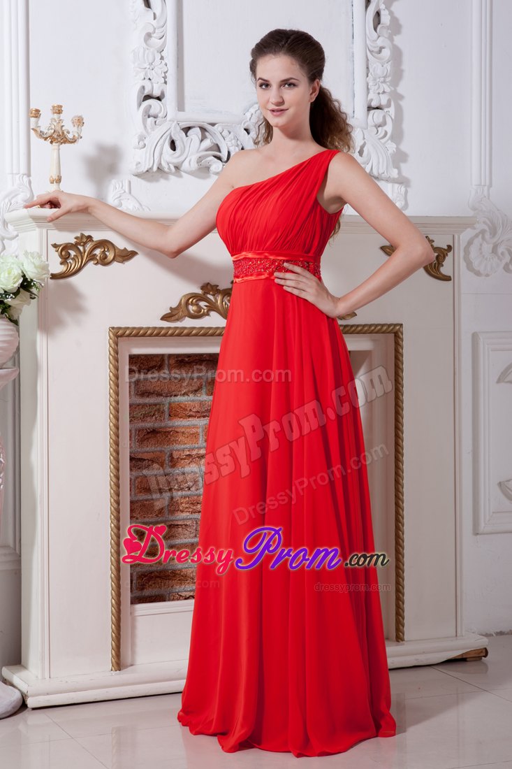 Red Empire One Shoulder Floor-length Chiffon Prom Dress