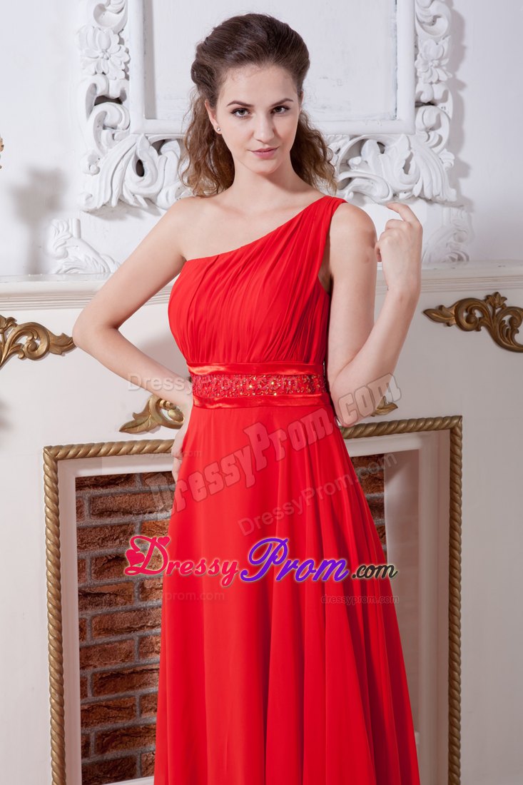 Red Empire One Shoulder Floor-length Chiffon Prom Dress