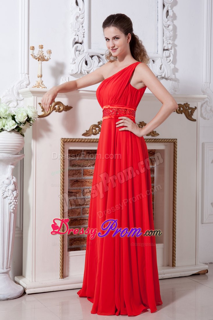 Red Empire One Shoulder Floor-length Chiffon Prom Dress