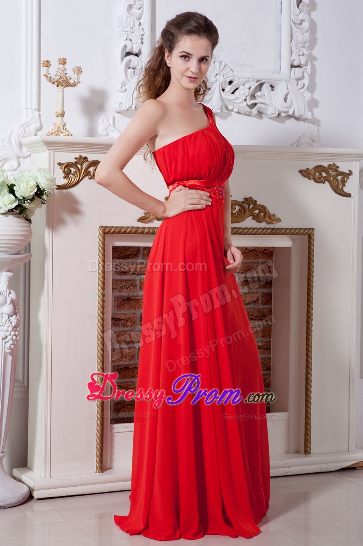 Red Empire One Shoulder Floor-length Chiffon Prom Dress