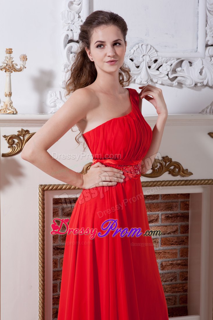 Red Empire One Shoulder Floor-length Chiffon Prom Dress