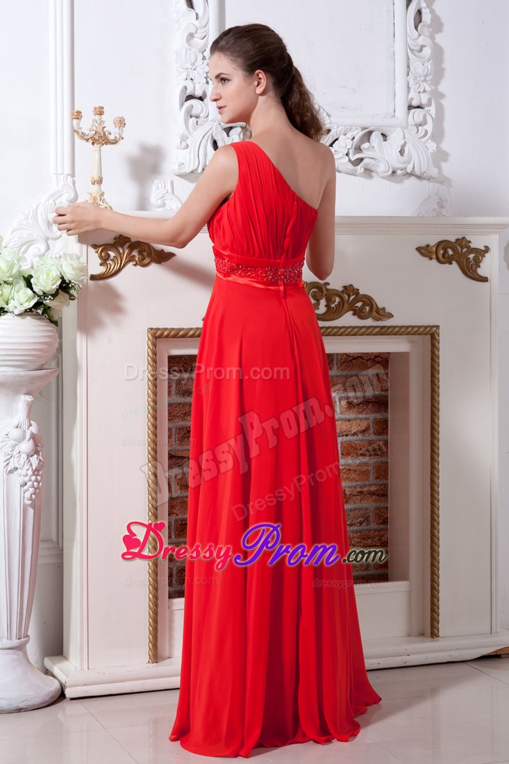 Red Empire One Shoulder Floor-length Chiffon Prom Dress