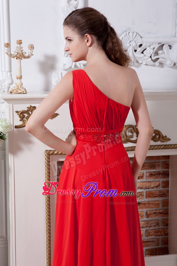 Red Empire One Shoulder Floor-length Chiffon Prom Dress