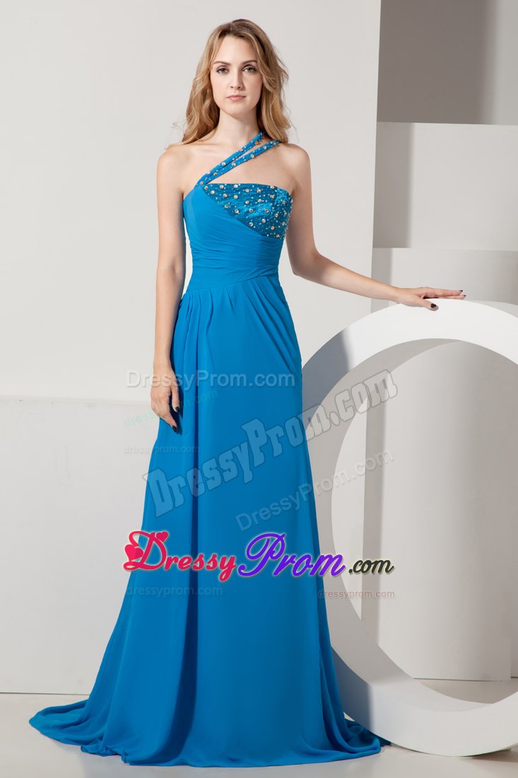 Blue A-line One Shoulder Brush Train Chiffon Prom Dress with Beading