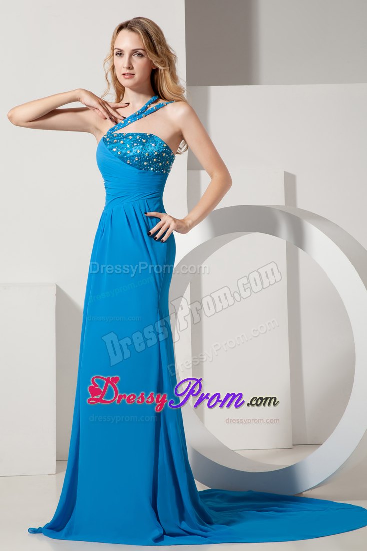 Blue A-line One Shoulder Brush Train Chiffon Prom Dress with Beading