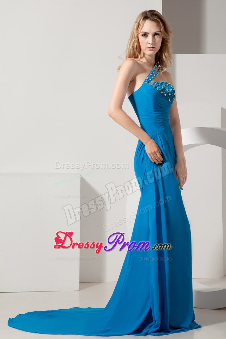 Blue A-line One Shoulder Brush Train Chiffon Prom Dress with Beading