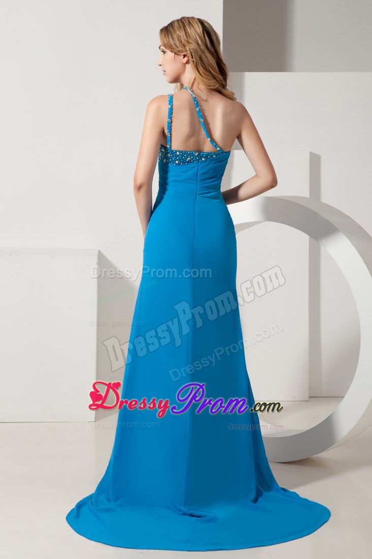 Blue A-line One Shoulder Brush Train Chiffon Prom Dress with Beading