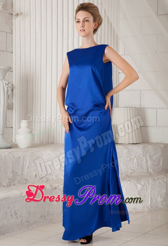 Royal Blue Bateau Neckline Ankle-length Prom Dress with Open-back
