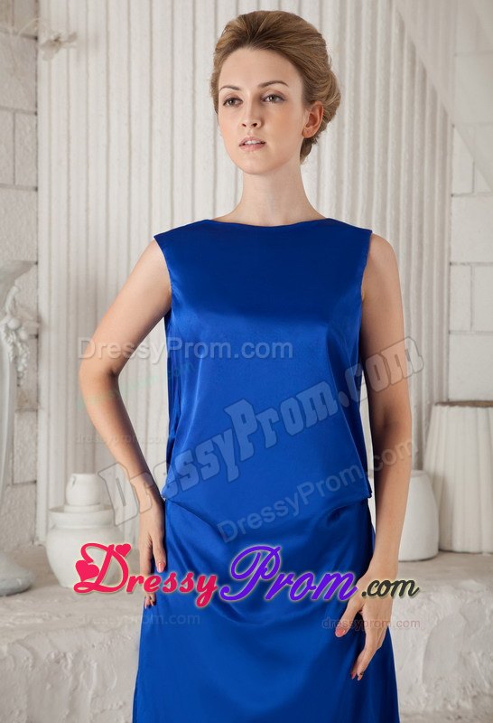 Royal Blue Bateau Neckline Ankle-length Prom Dress with Open-back