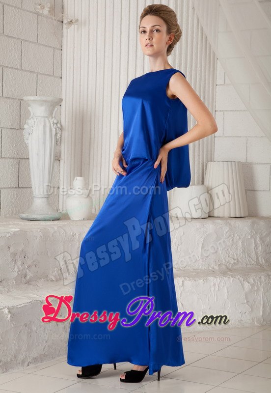 Royal Blue Bateau Neckline Ankle-length Prom Dress with Open-back