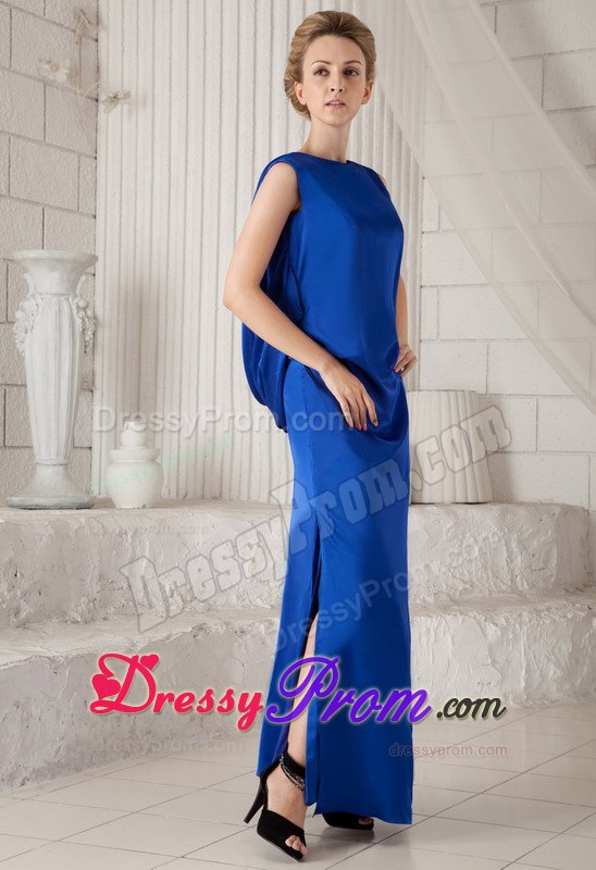 Royal Blue Bateau Neckline Ankle-length Prom Dress with Open-back