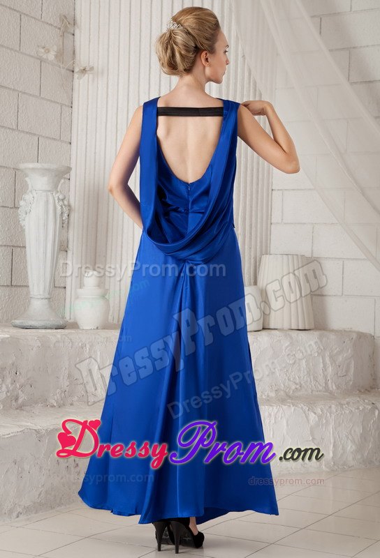 Royal Blue Bateau Neckline Ankle-length Prom Dress with Open-back