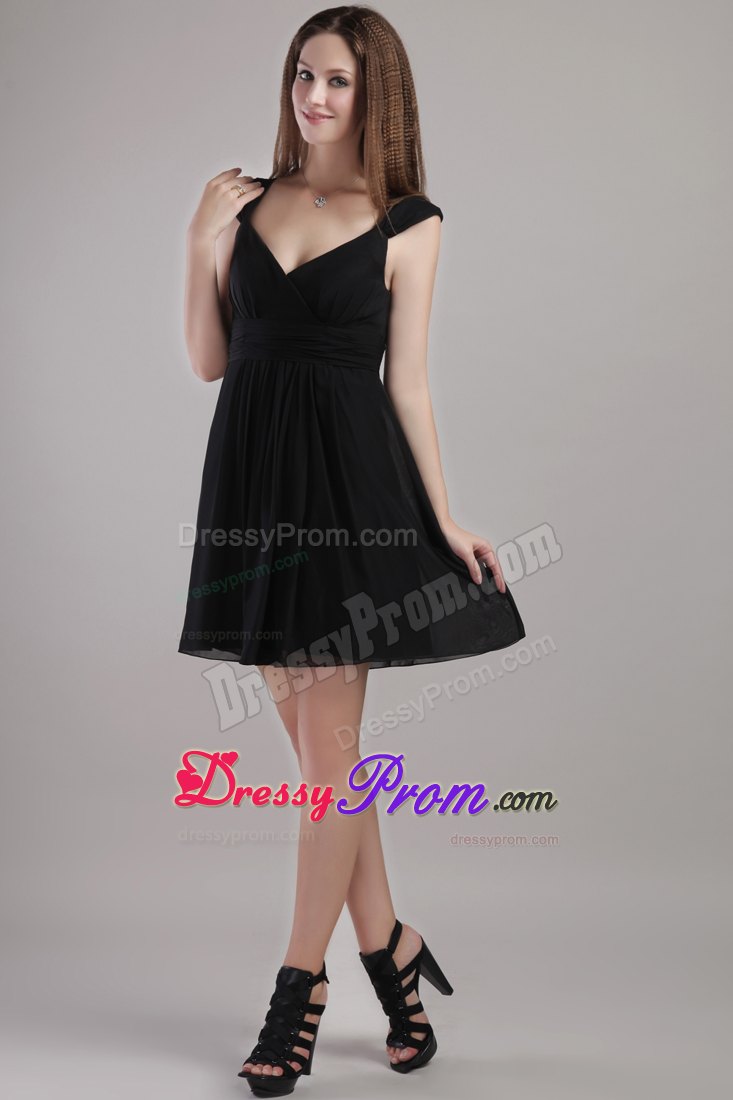 Black Empire V-neck Cap Sleeves Short Chiffon Prom Dress