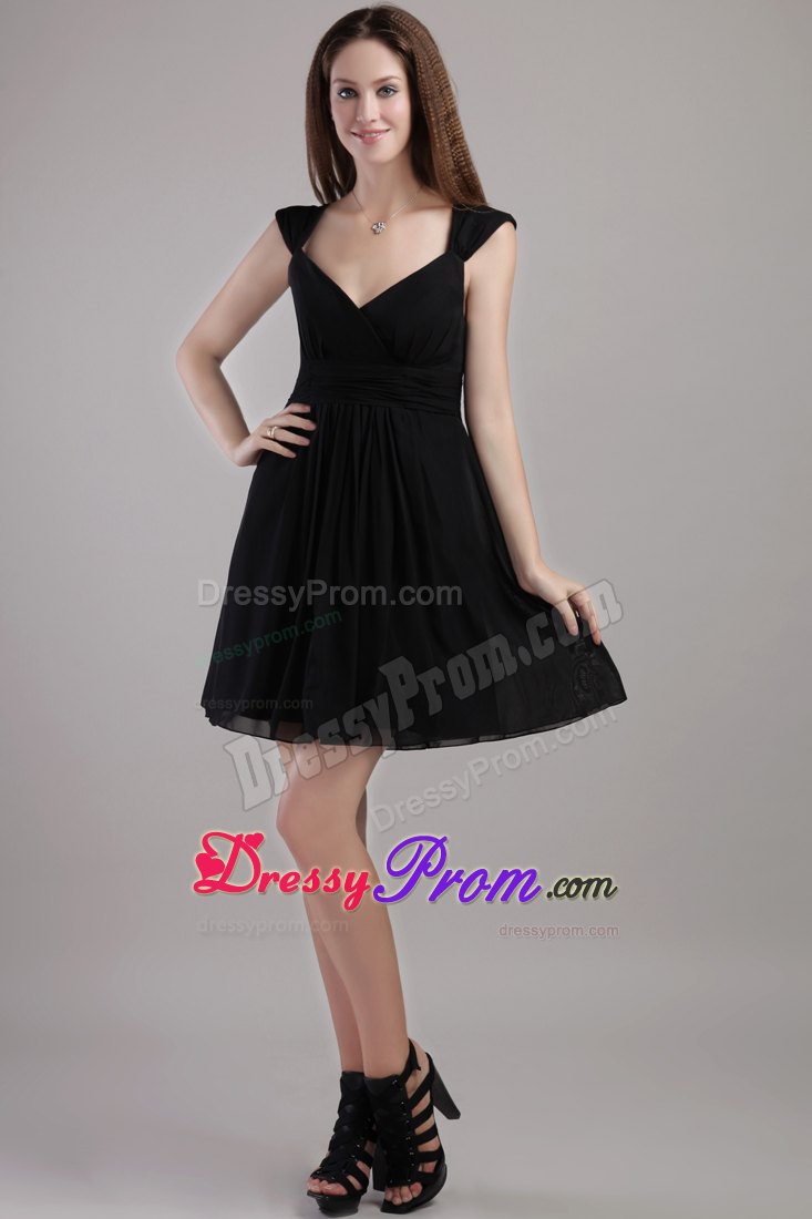 Black Empire V-neck Cap Sleeves Short Chiffon Prom Dress