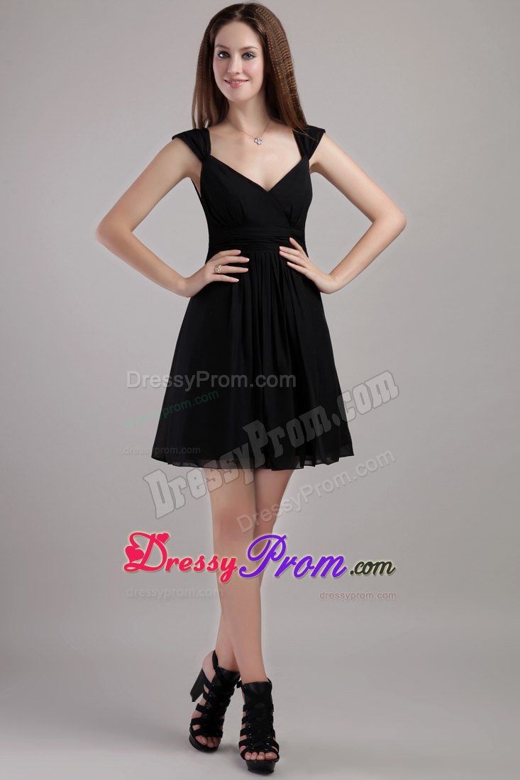 Black Empire V-neck Cap Sleeves Short Chiffon Prom Dress