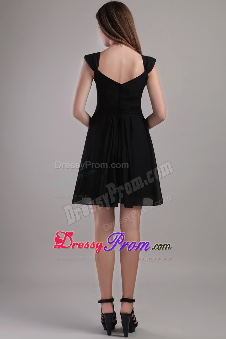 Black Empire V-neck Cap Sleeves Short Chiffon Prom Dress