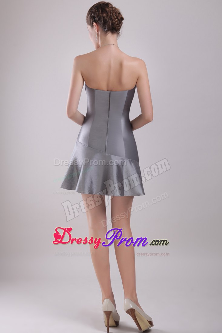 Grey Strapless Mini-length Taffeta Prom Dress with Ruching
