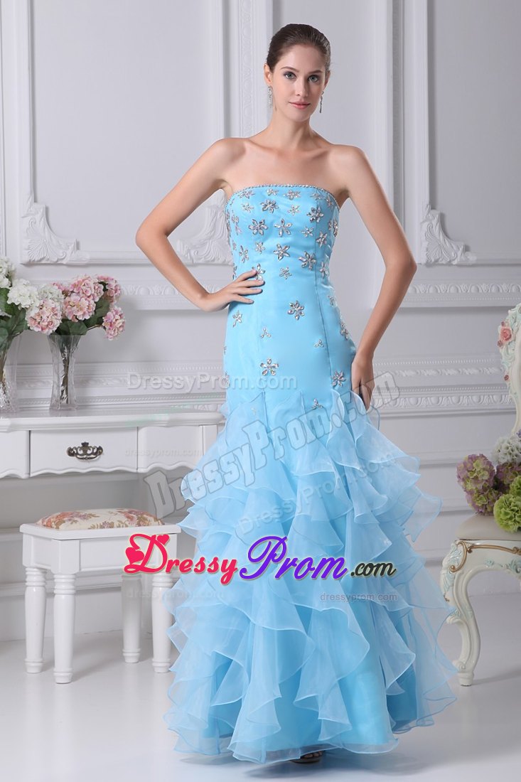 Aqua Blue Mermaid Strapless Ruffles Organza Prom Gown