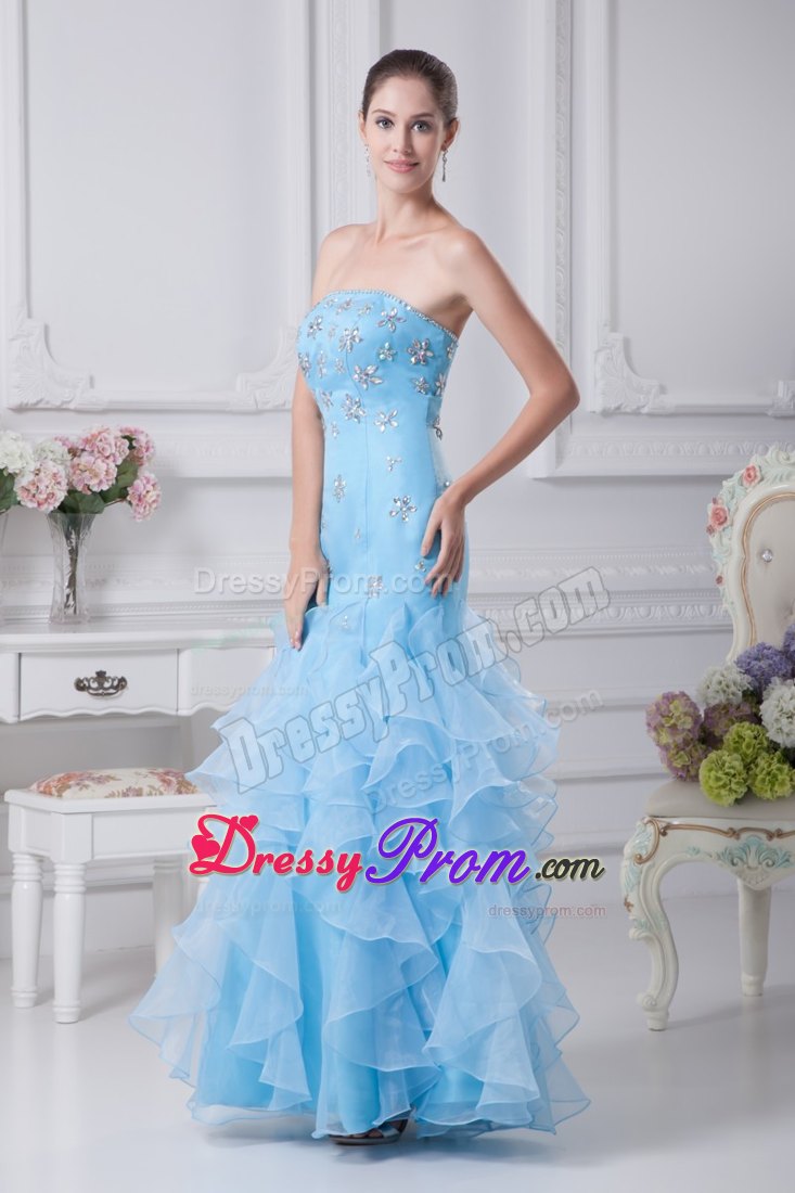 Aqua Blue Mermaid Strapless Ruffles Organza Prom Gown