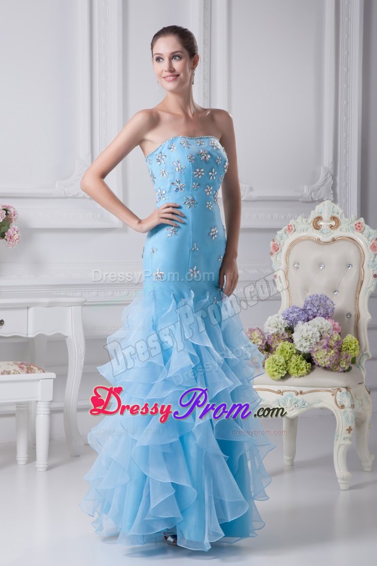 Aqua Blue Mermaid Strapless Ruffles Organza Prom Gown